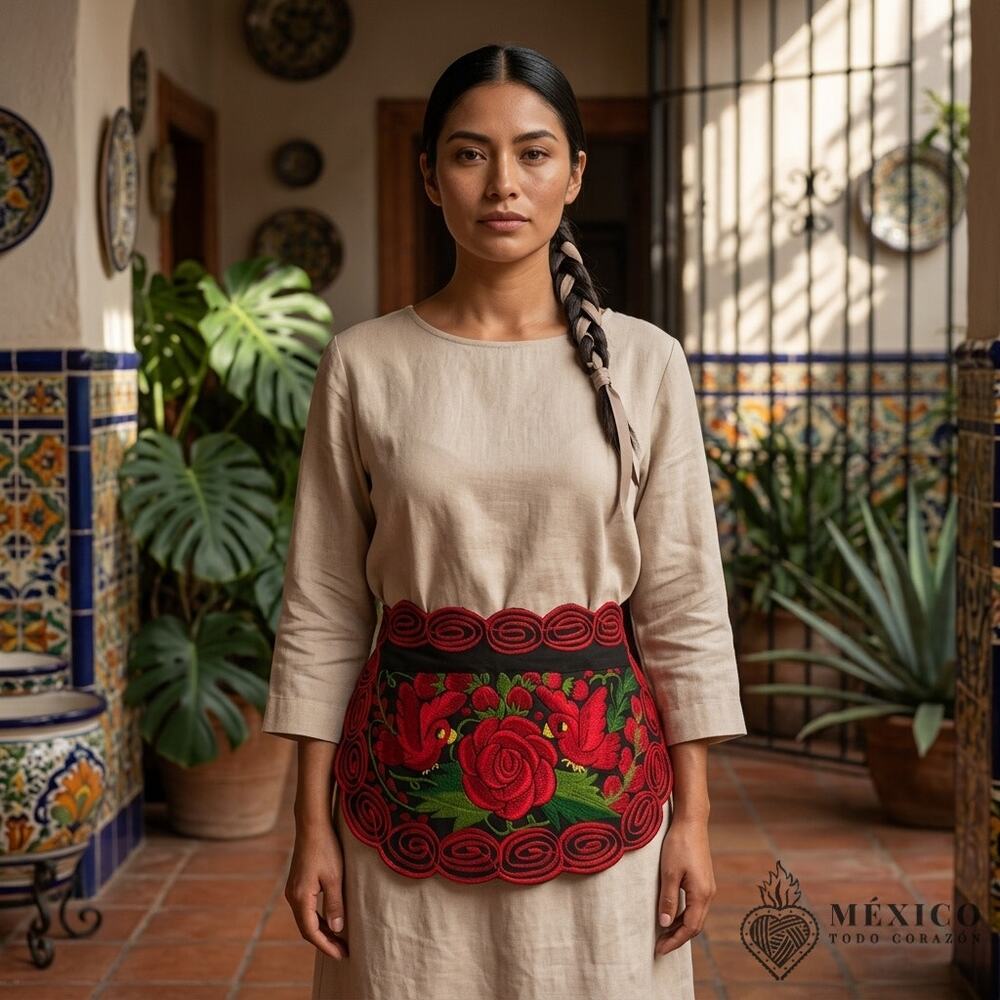 Mexican Embroidered Waist Apron – Floral Pocket Design, Traditional Tie Apron